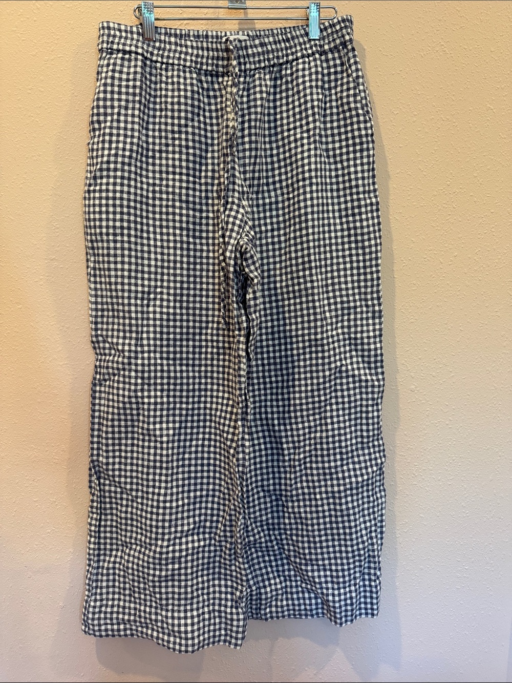 Gingham Wide-Leg Linen Pants - Navy & White